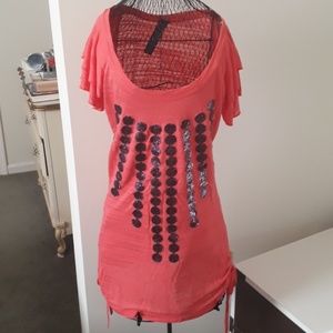 Coral Scoop Neck Cap Sleeve Tunic Top